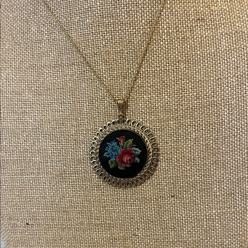 Gold Tone Pendant Necklace‎ with Petit Point Embroidered Floral Design
